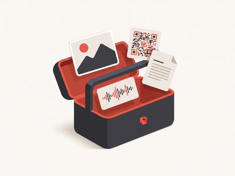 Una caja de herramientas con una imagen, un código QR, una onda de audio y un documento